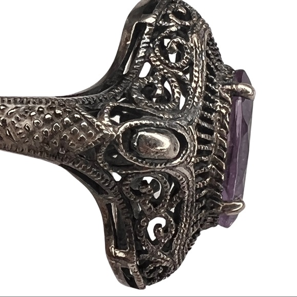 Vintage Amethyst Sterling Silver Filigree Art Deco Ring - Picture 3 of 8